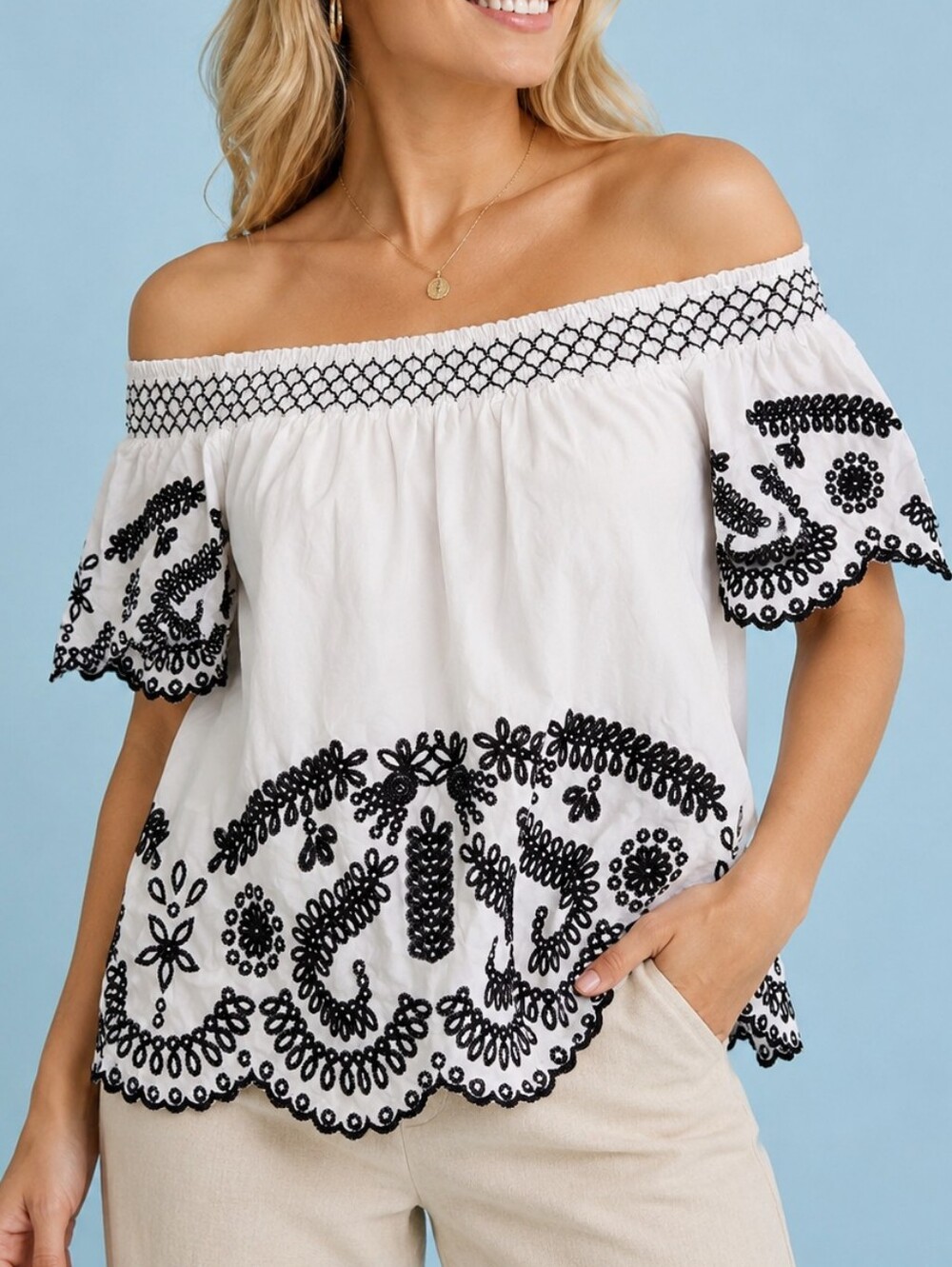 Design 365 Off Shoulder Embroidered Blouse Size M White Black Boho Top